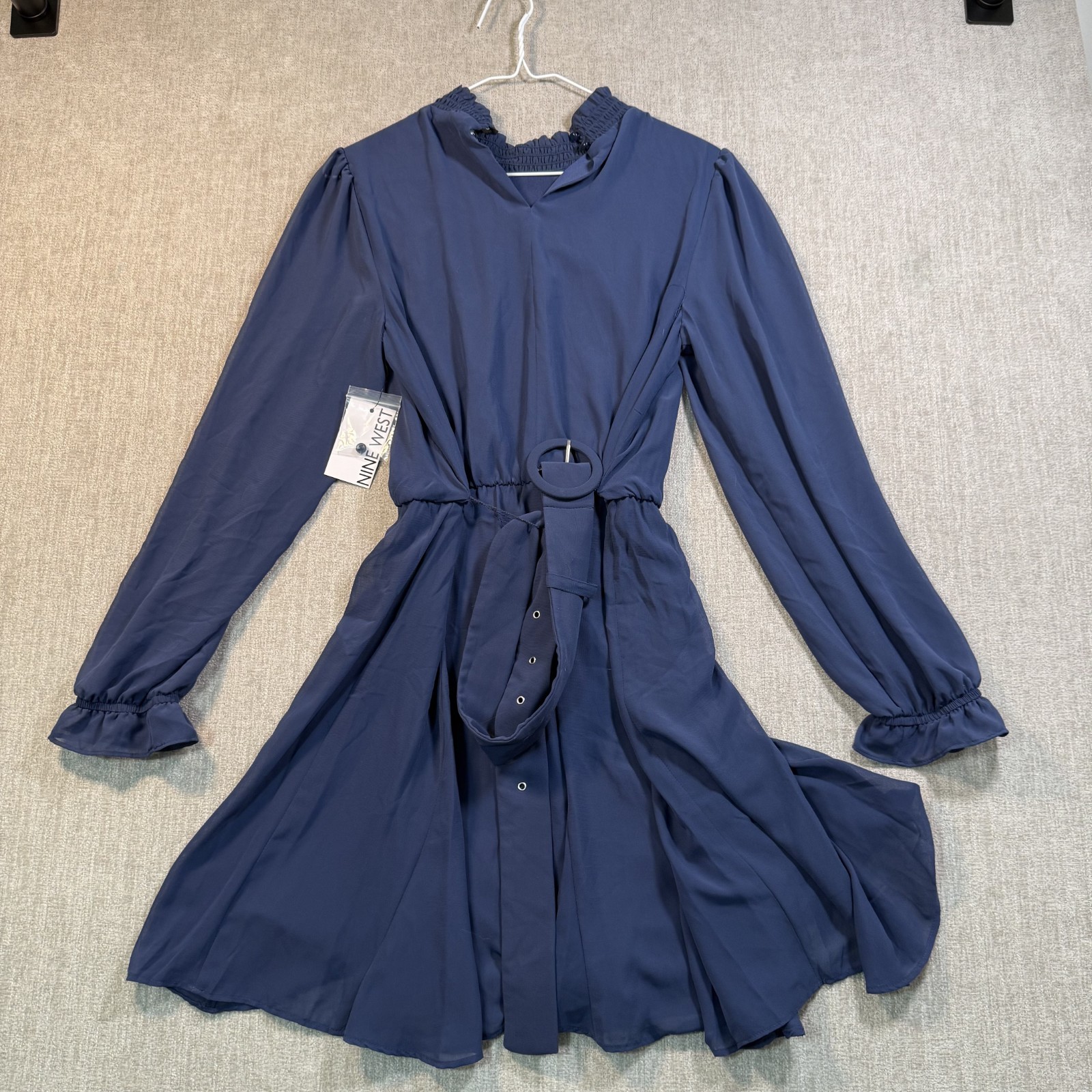 Nine West Womens Dress Size S Navy Mock Neck Balloon Sleeve Ruffle Cuff Belted