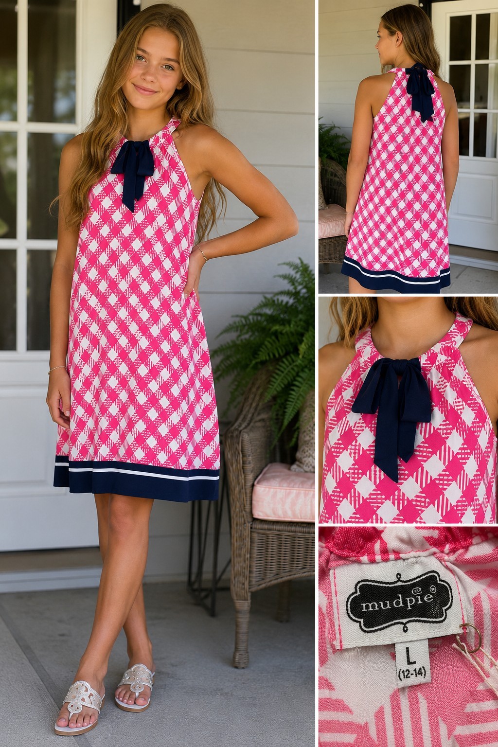 Mud Pie Natalie Dress Teens L (12-14) Pink White Geometric Halter Tie Maxi NWT