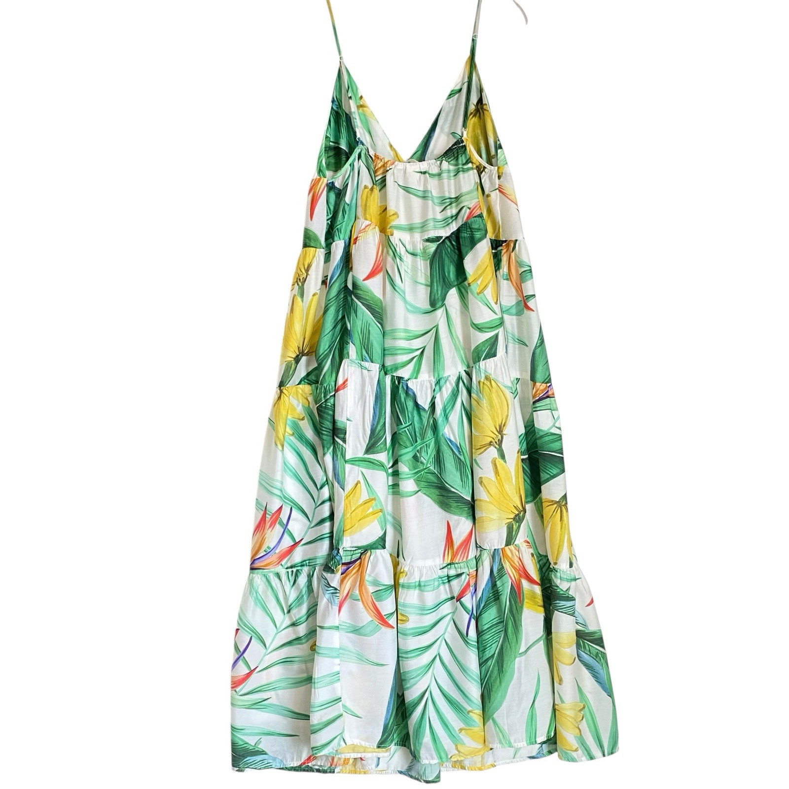 Midi Sundress M Multicolor Tropical Babydoll Spaghetti Straps Tiered Beach