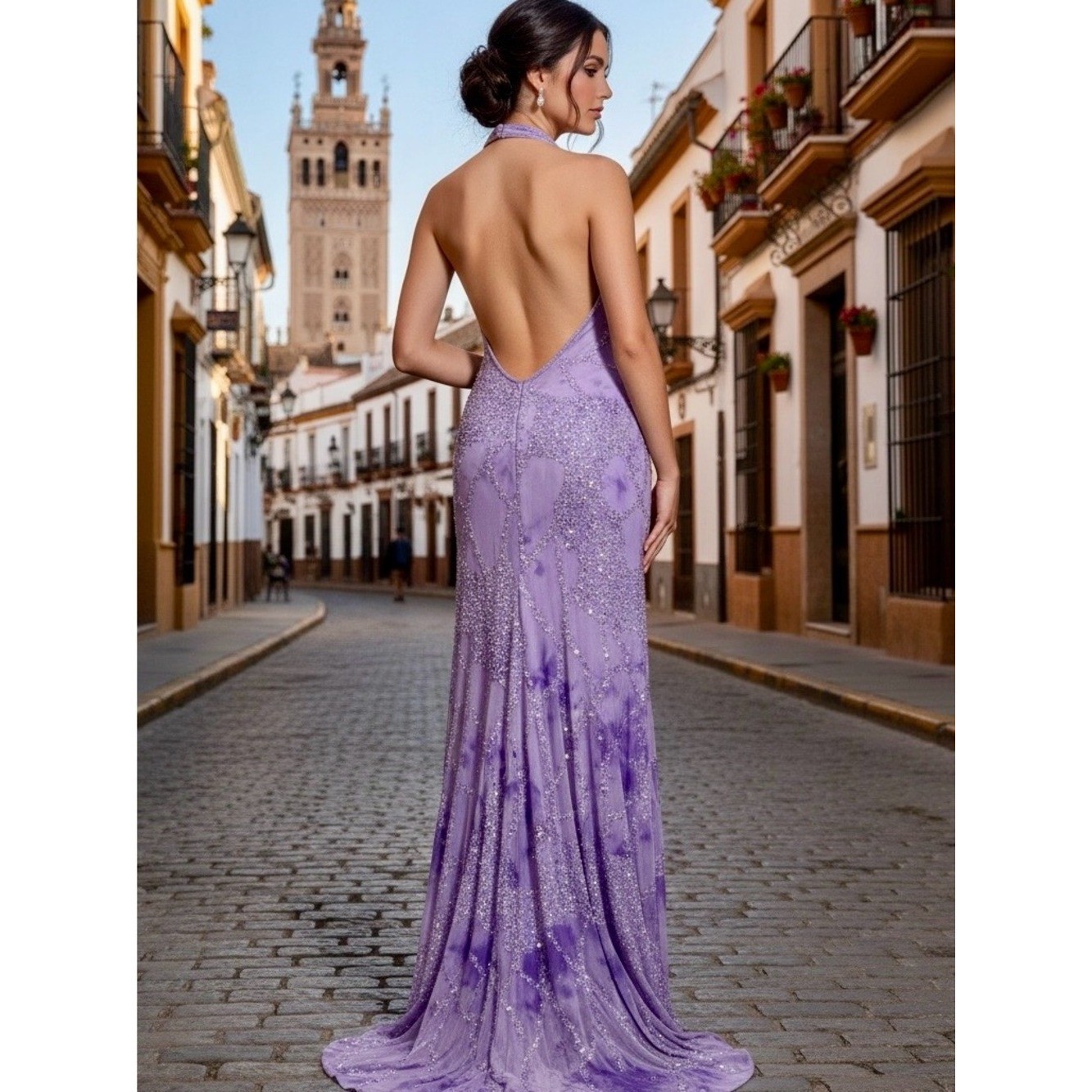 Lavender hand beaded Halter-Sequin Evening Gown on stretch. Attitudes by.Debra