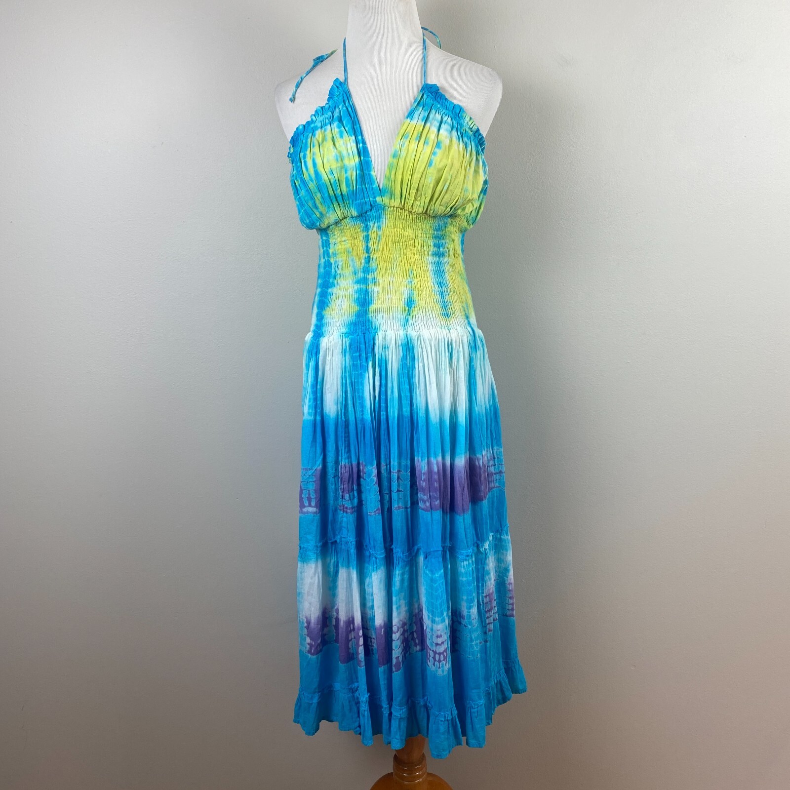 Blue Ocean Midi Dress OS Tie Dye Halter V-Neck Smocked A-Line Summer Boho Hippie