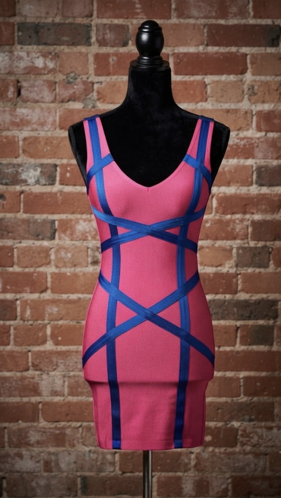 Pink Blue Colorblock Bandage V-Neck Strappy Bodycon Mini Dress M