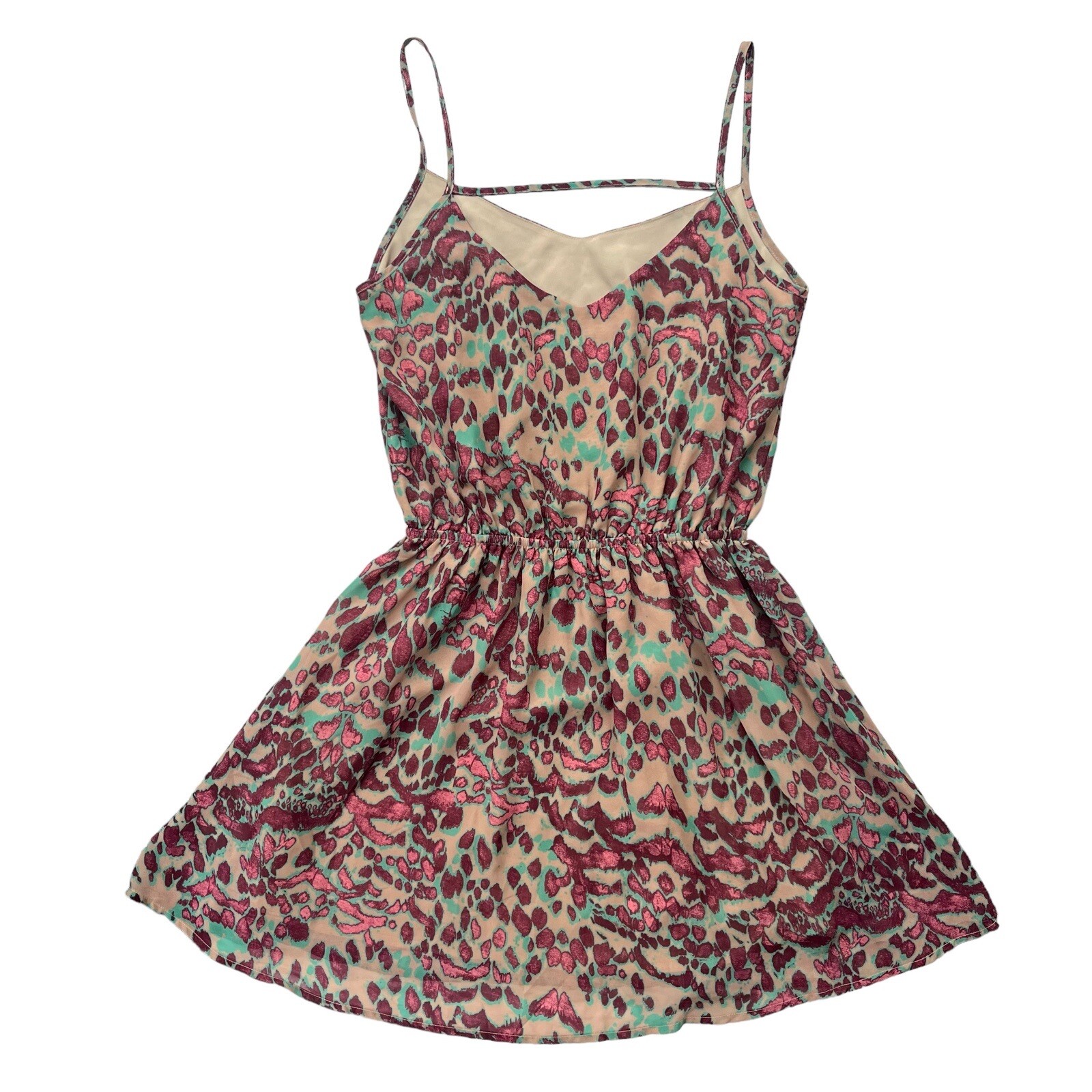 Miss Me Womens Size Medium Tan Teal Pink Animal Abstract Pattern Tank Mini Dress
