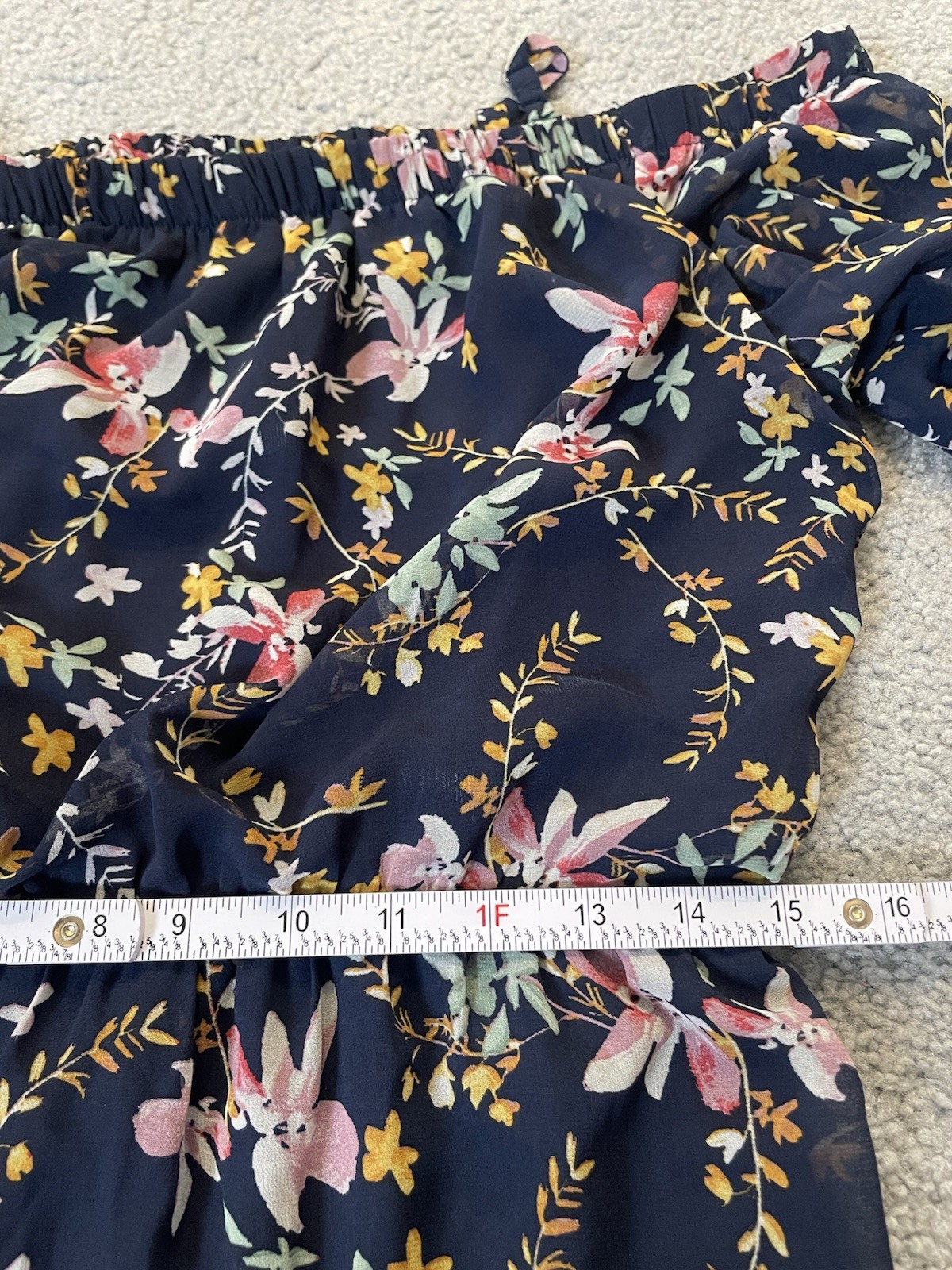 Off The Shoulder Floral Maxi Dress Sz L Navy Gold Elastic Waist Prairie Beach