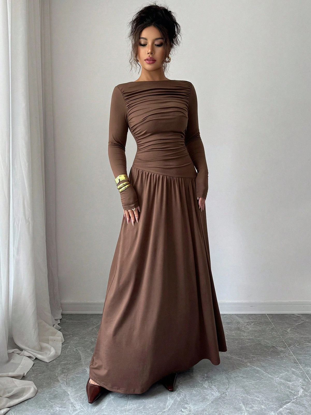 Elegant Women’s Long A Line Off Shoulder Neckline Dress