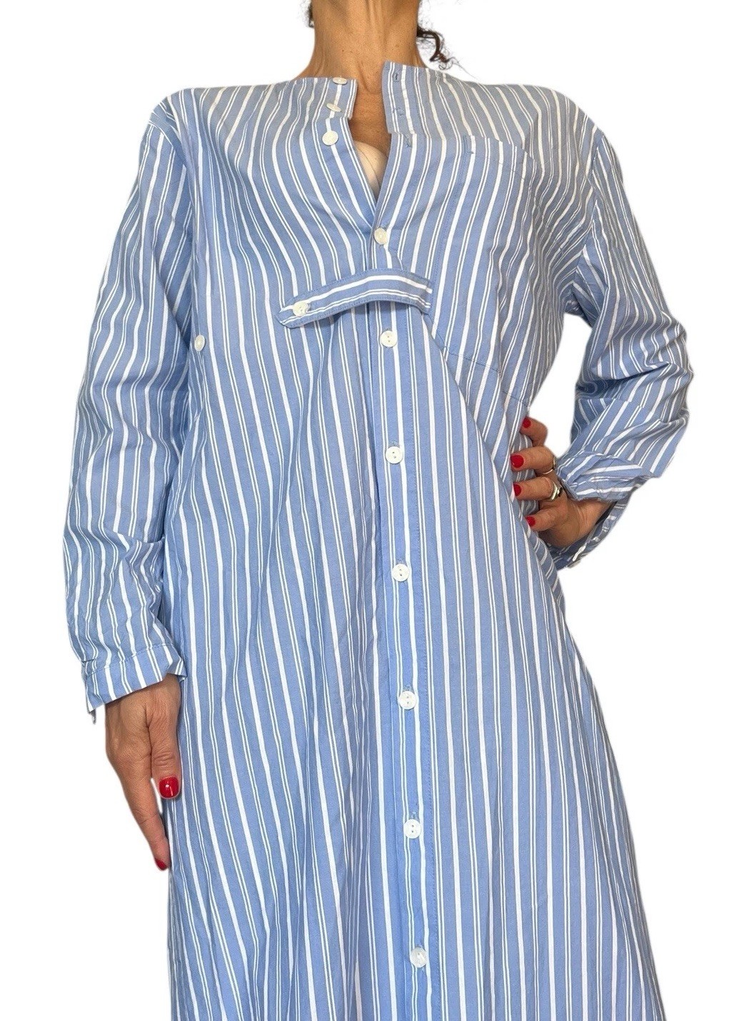 SOLIKA BLUE STRIPE SHIRT DRESS LONG SLEEVE POPLIN MODEST MIDI OVERSIZED S OR M