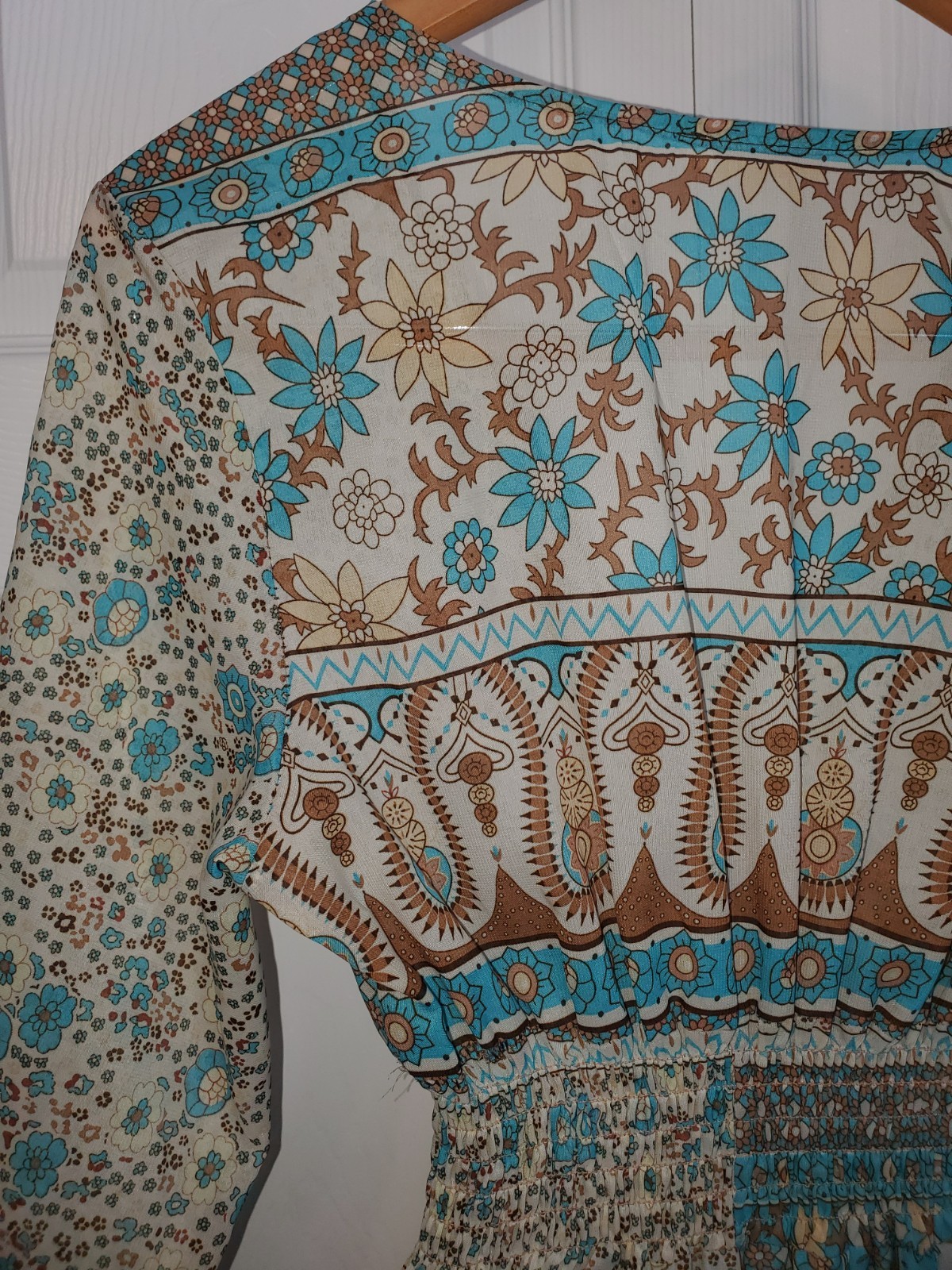 Boho Resort Maxi Dress Fiji XL Smocked Waist Tassel Tie Patchwork Print