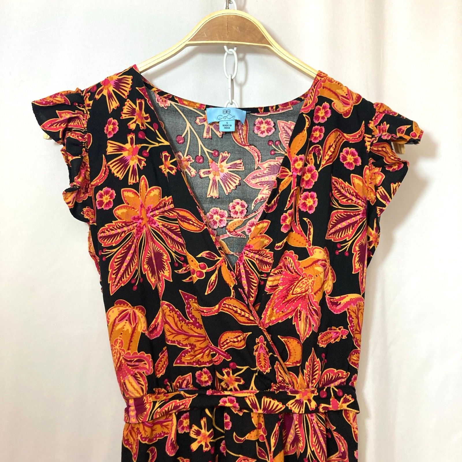 NWT CeCe Beachy Romance High Tide Wrap Short Sleeve Black Red Midi Dress Small