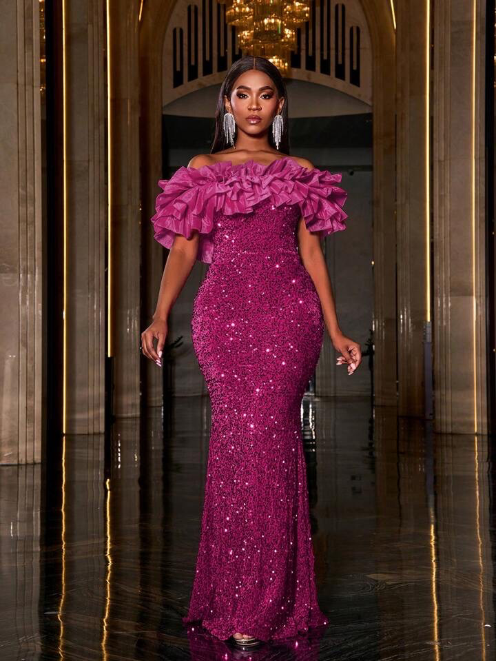 Layered Ruffle Trim Off Shoulder Sequin Mermaid Dress