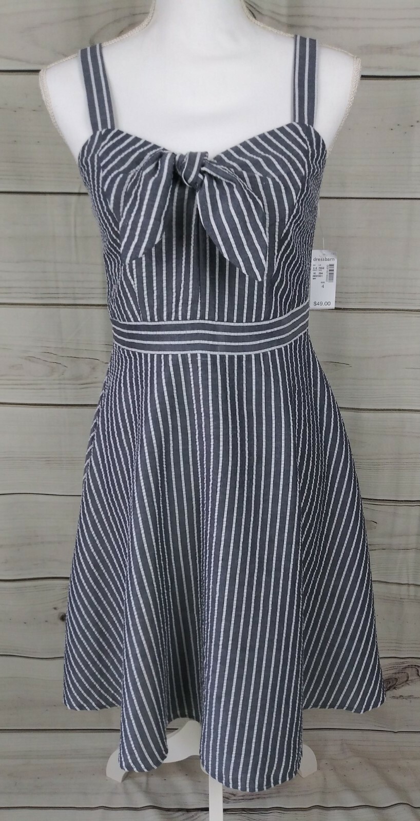Roz & Ali Dressbarn Sundress Size 4 Seersucker Gray Stripe Bow Lined Sleeveless