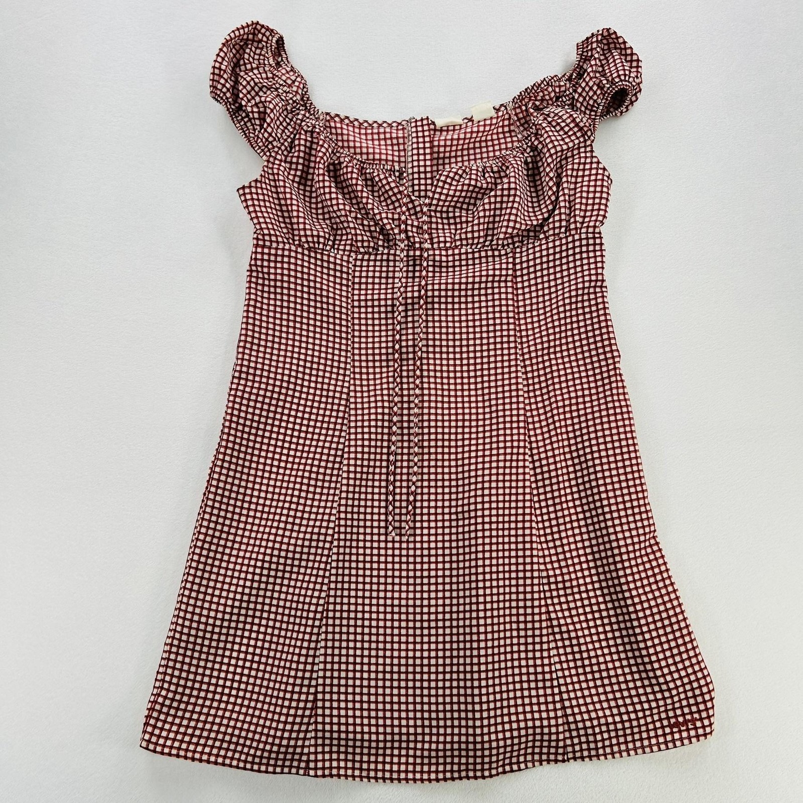 Levi’s Dress Womens Medium Red Check Ruffle Square Neck Mini Sundress Cap Sleeve