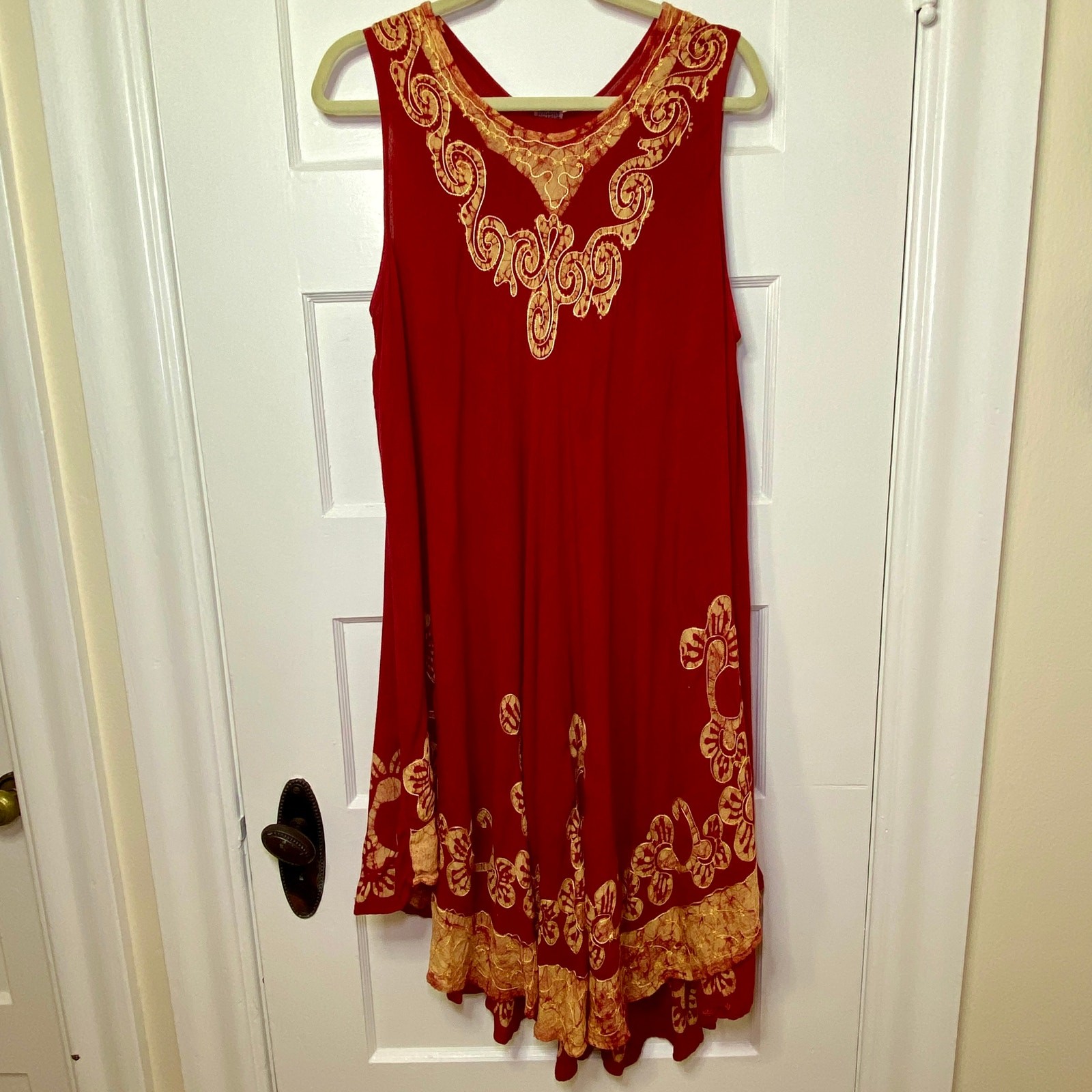 Batik Midi Sun Dress O/S Red Gold Block Print Trapeze Festival Boho Resortwear