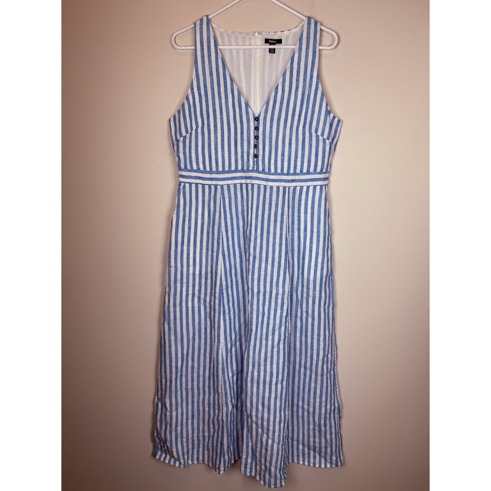 HATLEY 100% Linen Isla Maxi Dress French Blue Stripes Sleeveless V-neck Sz L