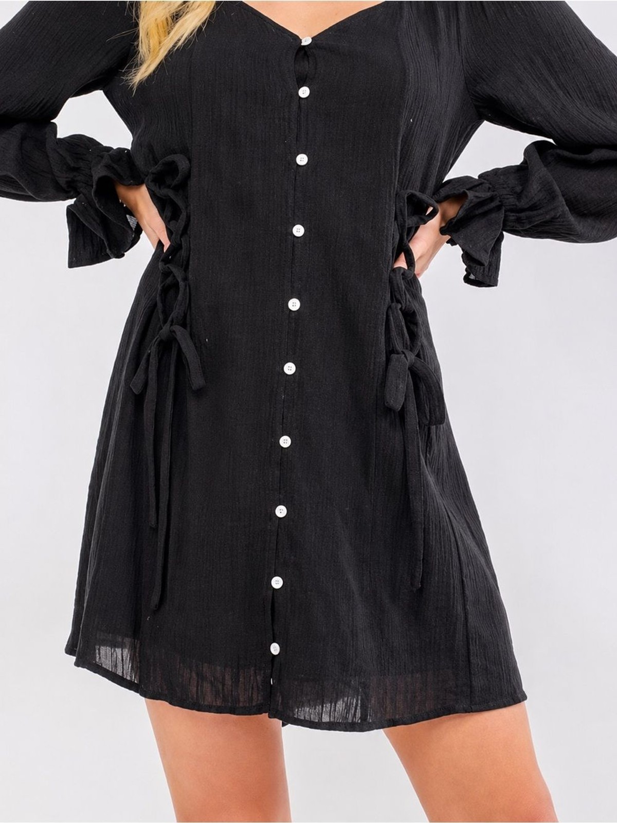 Peach Love California Size S Black Button-Front Mini Dress with Side Ties
