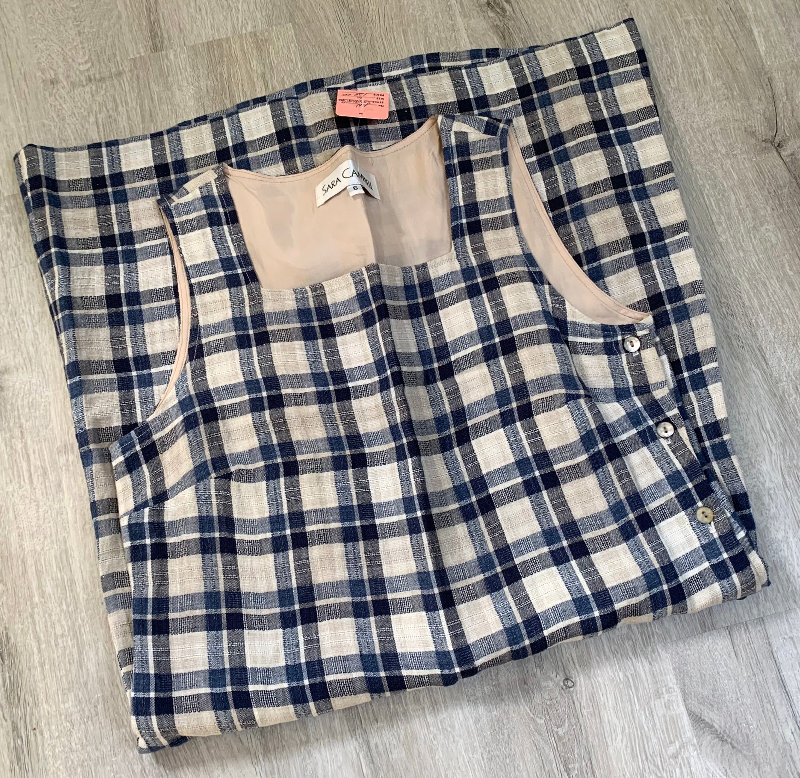NWT Sara Campbell Square Neck, Sleeveless Plaid Dress with Side Buttons , sz. 6