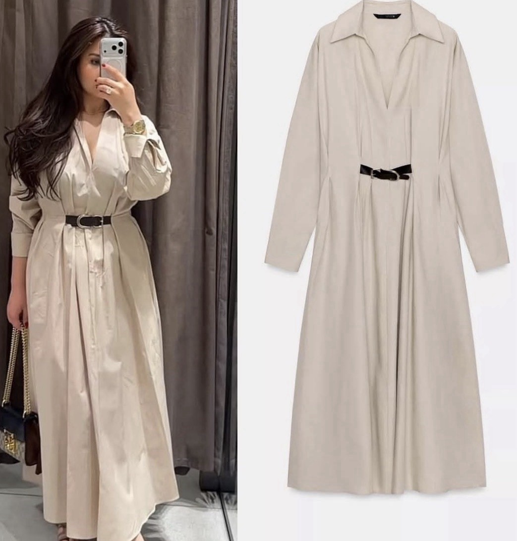Zara BNWT pique Midi Shirt Dress contrast Belt buckles beige viral sold out