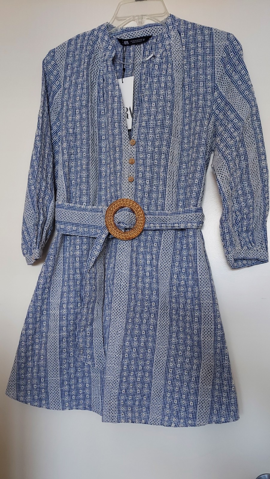 NWT Zara XS Blue/White Gingham V-Neck 3/4 Sleeve Button A-Line Mini Dress