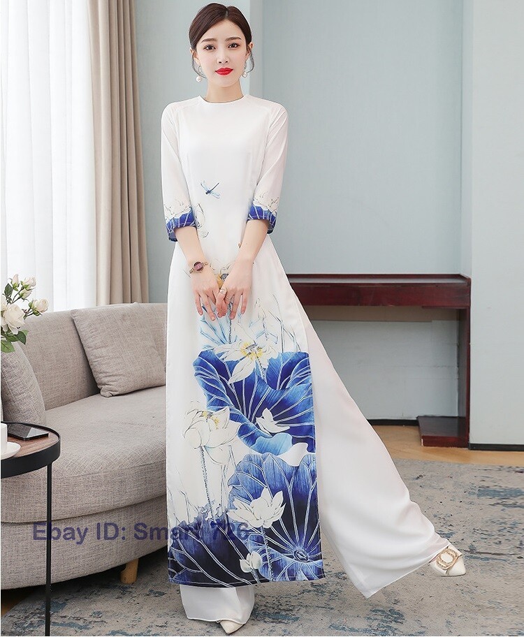 Women Chinese Summer 2 Pcs Set Dress with Loose Pants White Hanfu Size M To 3XL