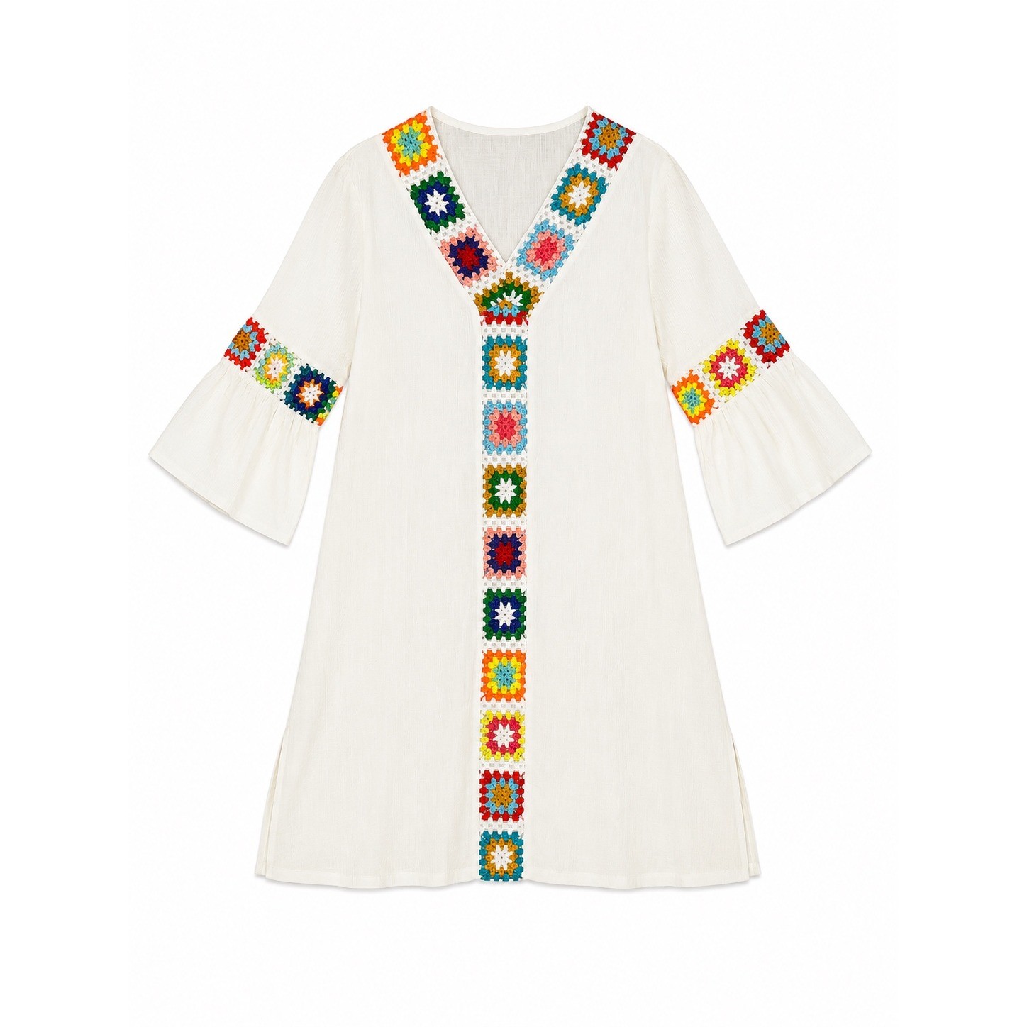White Boho Crochet Granny Square Bell Sleeve Shift Dress Small Multi Color Trim