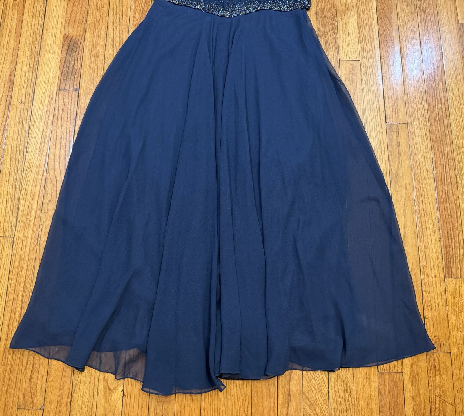 JKARA Beaded MaxiDress Navy Blue Flutter Sleeve Formal Evening Wedding Womens 14