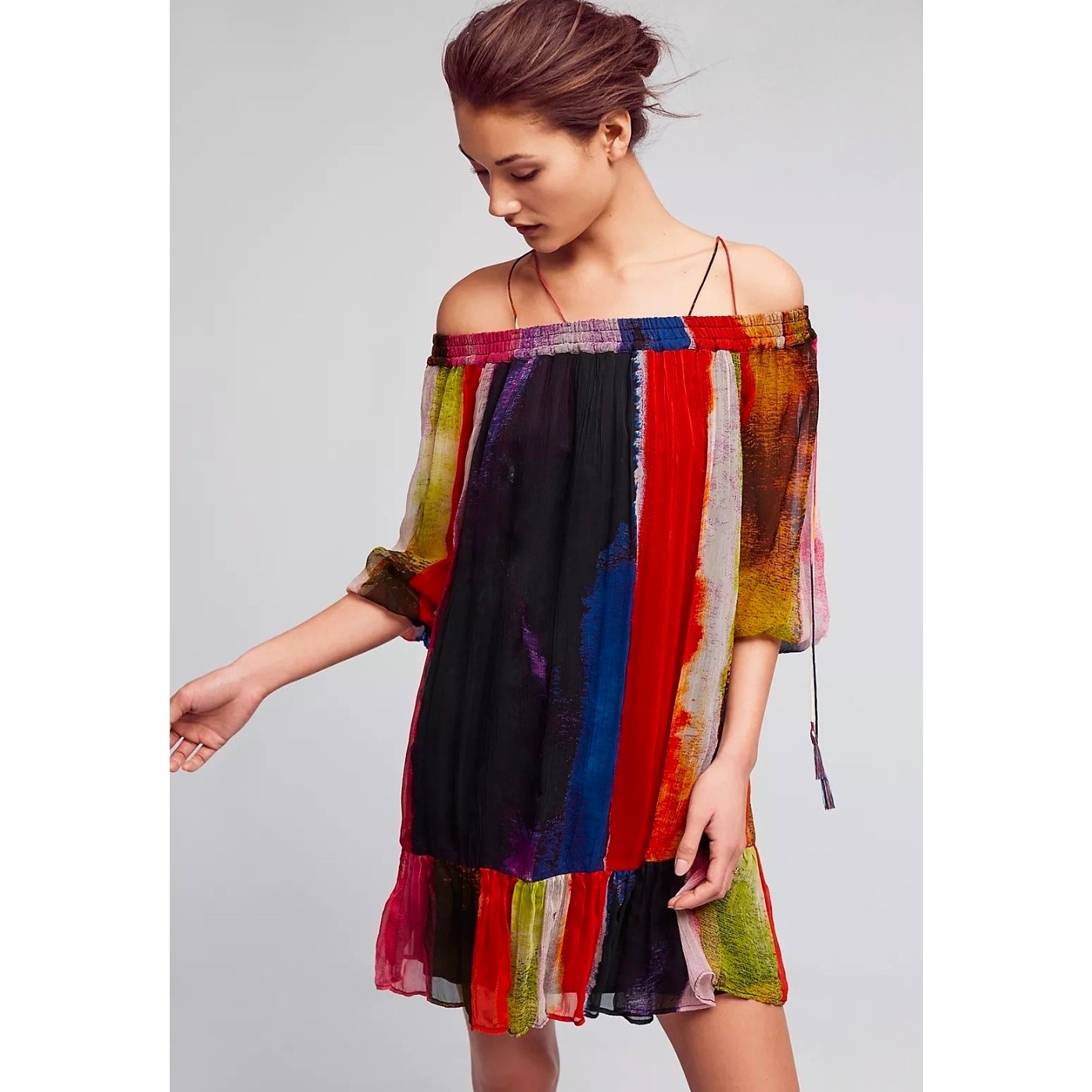 Floreat by Anthropologie Off Shoulder Painterly Rainbow Stripe Boho Tunic Large
