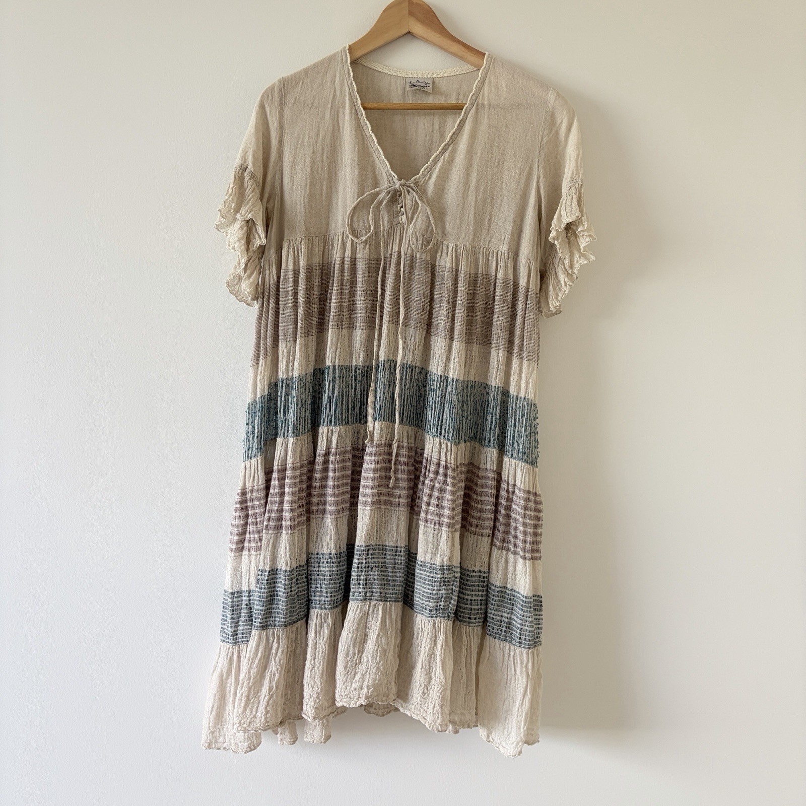 La Bottega Di Brunella Dress One Size 100% Italian Linen Natural Striped Shift