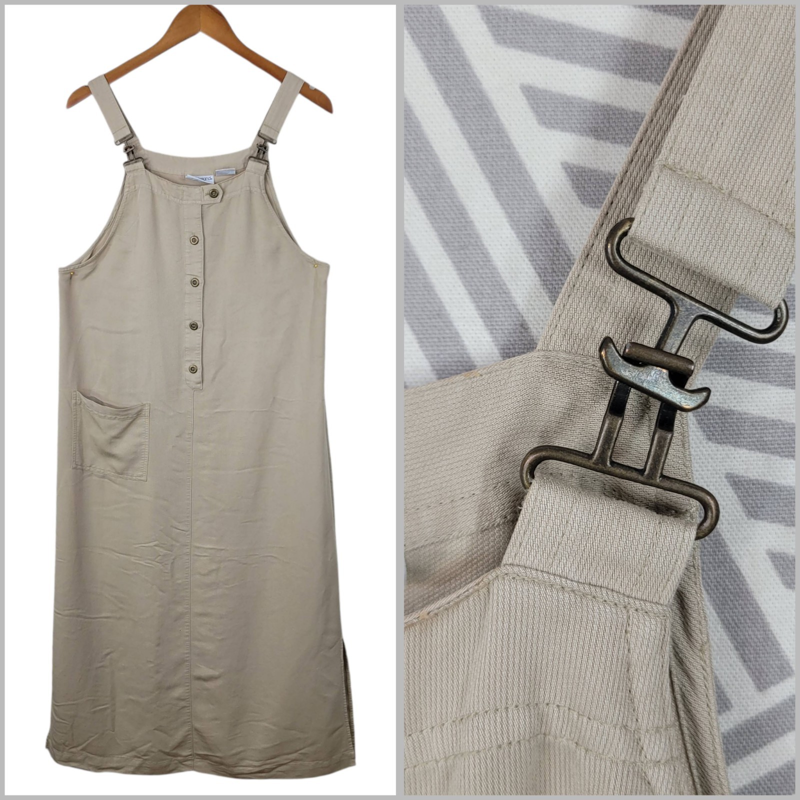 Vintage Overall Dress Medium Buckle Straps Alt Tan Khaki Lightweight Midi Long