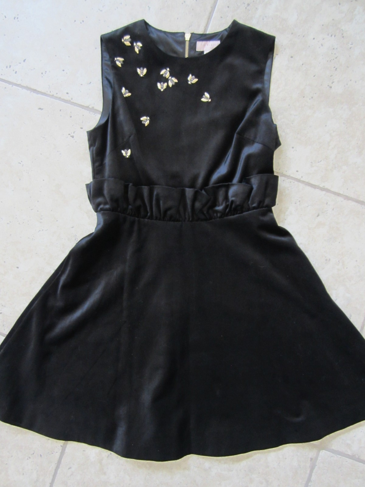 Ted Baker London Women Size 2 Embellished Beaded Black Velvet Bee Dress w/ stain