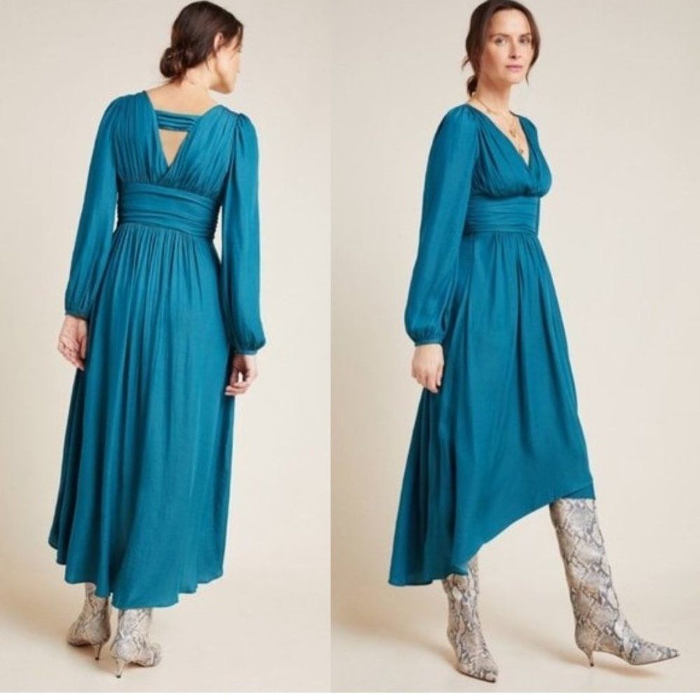Anthropologie Dress Women 2 Gwendolyn Teal High Low Long Sleeve Maxi V Neck