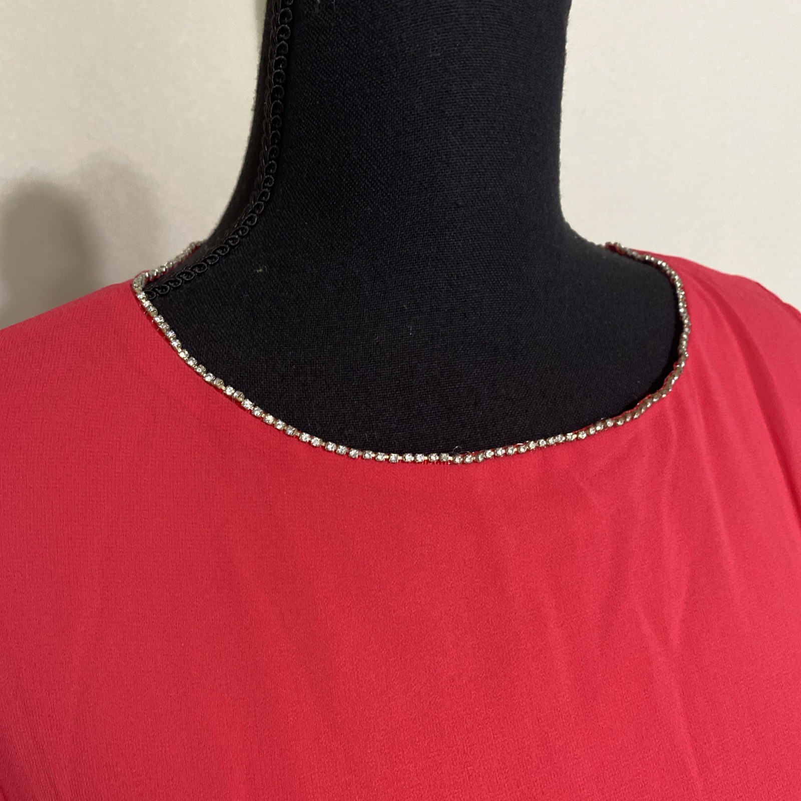Marina Flutter Sleeve Cascade Ruffle Dress Sz 4 Rhinestone Neck Cherry Red NEW