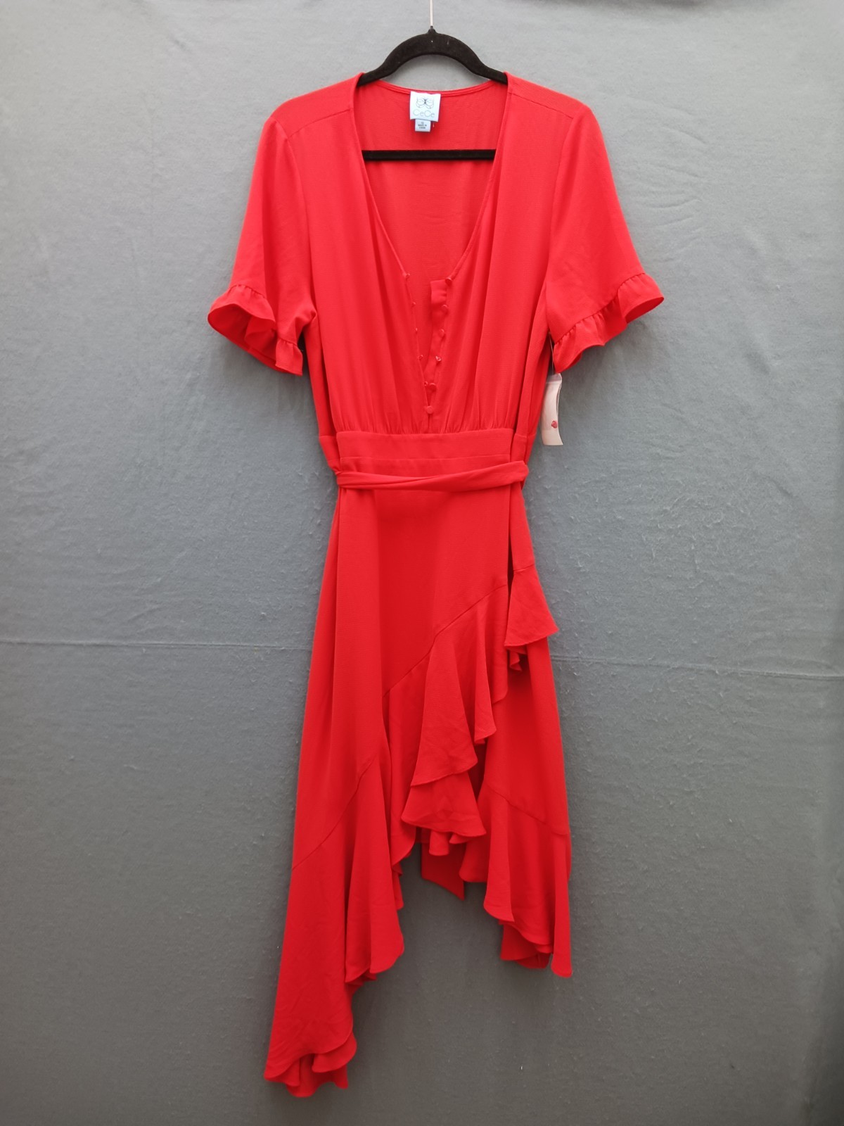 CeCe Women’s Wrap Midi Dress 12 Red Solid Short Sleeve Casual Party Stylish