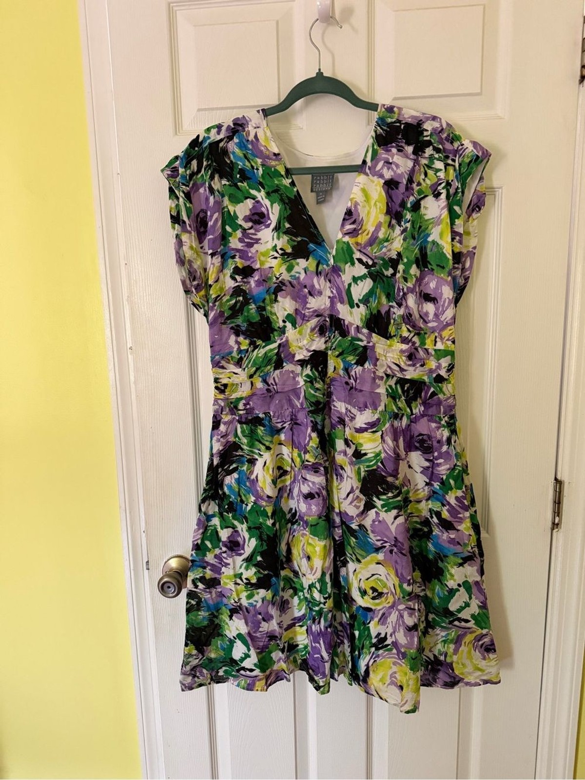 Rabbit Rabbit Rabbit Purple, Green & White Floral V-Neck Mini Dress