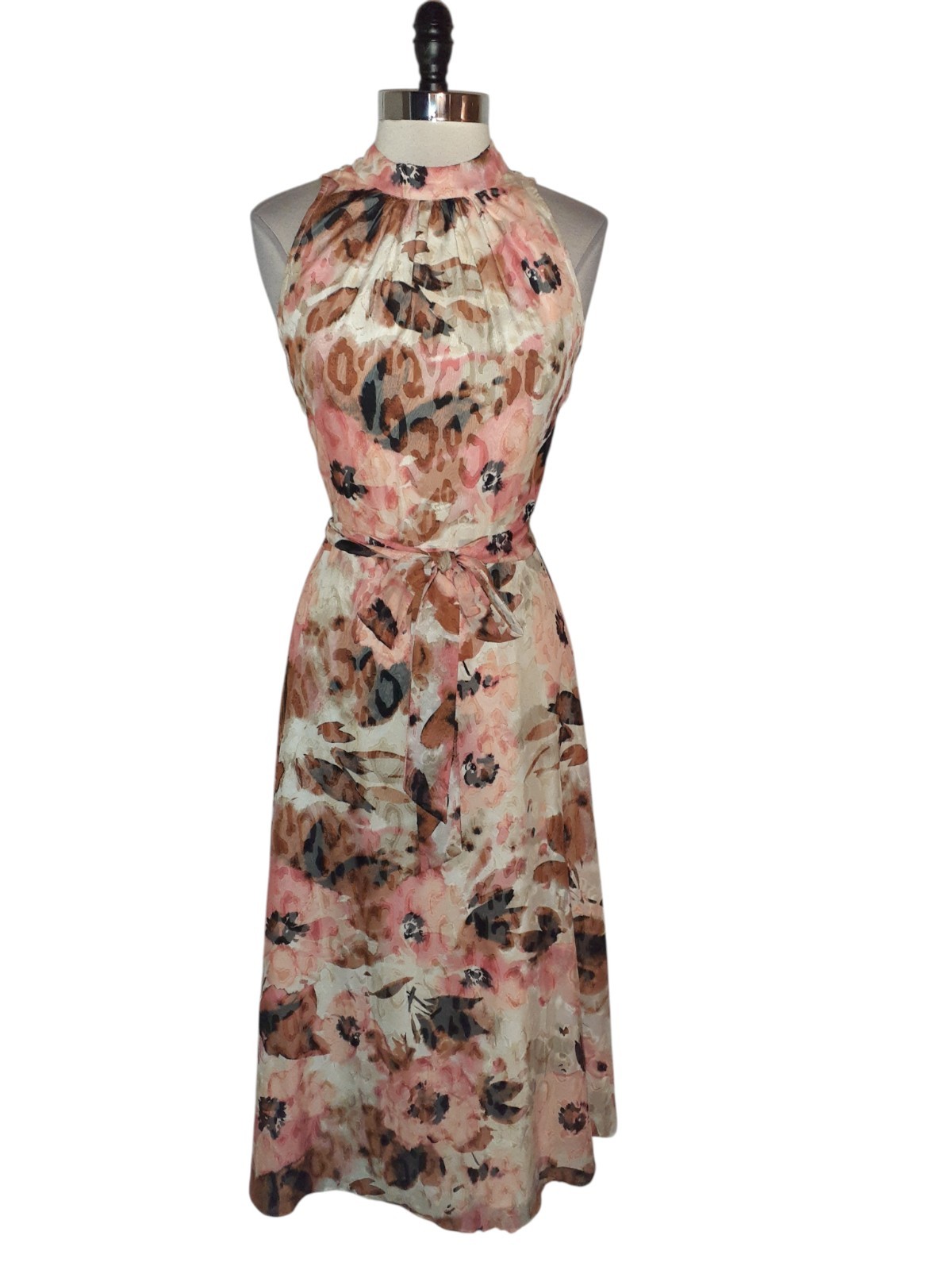 ANNE KLEIN Size 8 A-Line Dress Brown Beige Orange Floral Sleeveless Midi
