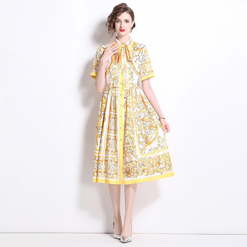 Vintage Baroque Print Collar Bow Tie Short Sleeve Women Casual Party Midi Dress