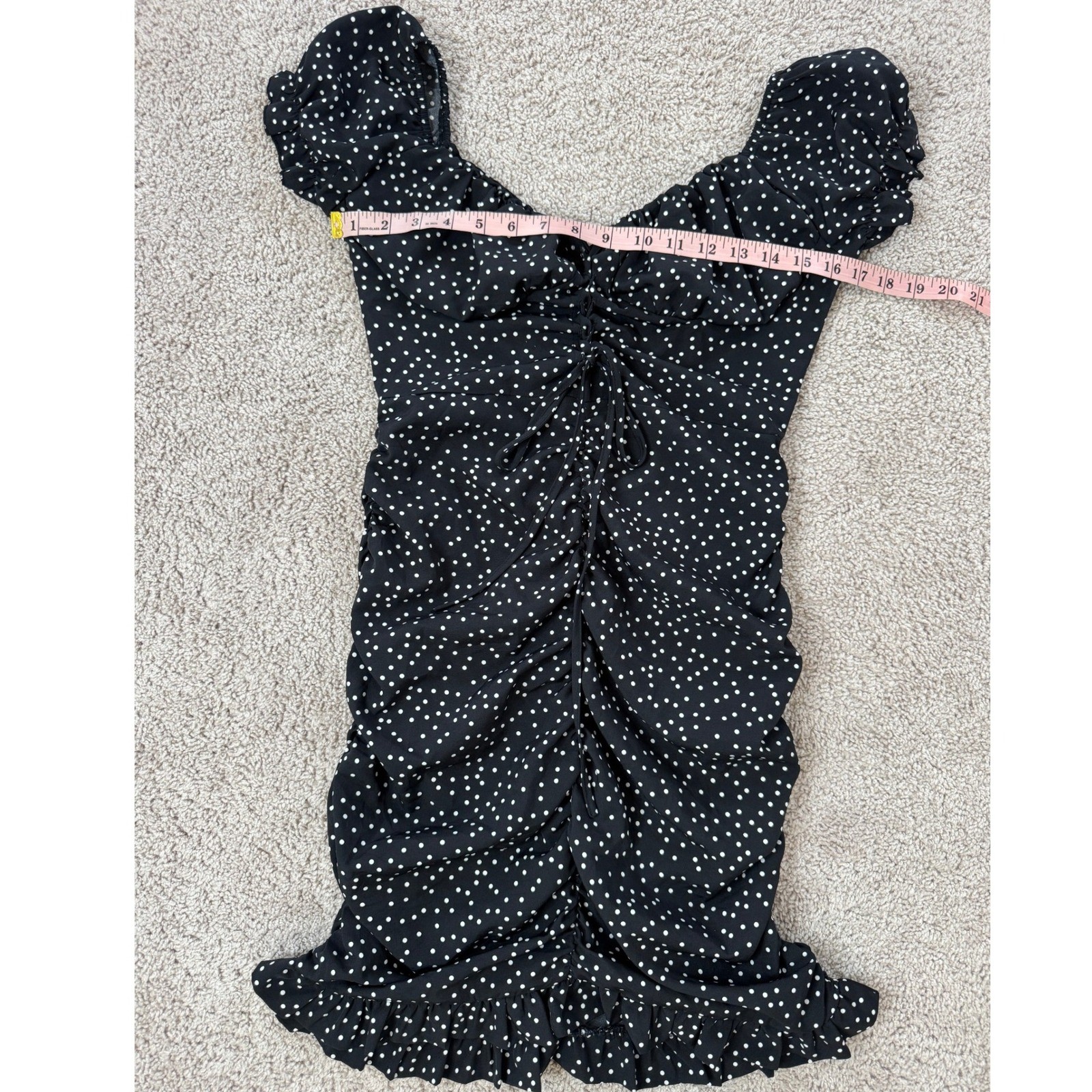 Shein Black Polka Dot Ruched Off Shoulder Mini Dress Ruffle Hem Puff Sleeve