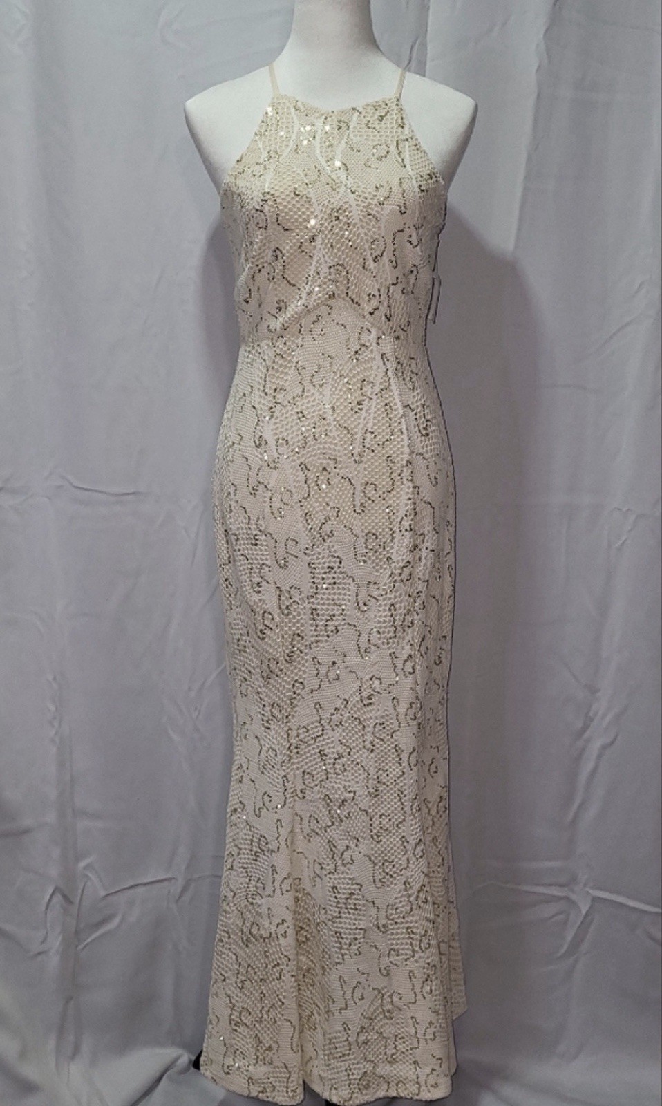 NWT Bailey Blue Ivory Lace Sequin Halter Strappy Back Long Gown Dress Size S