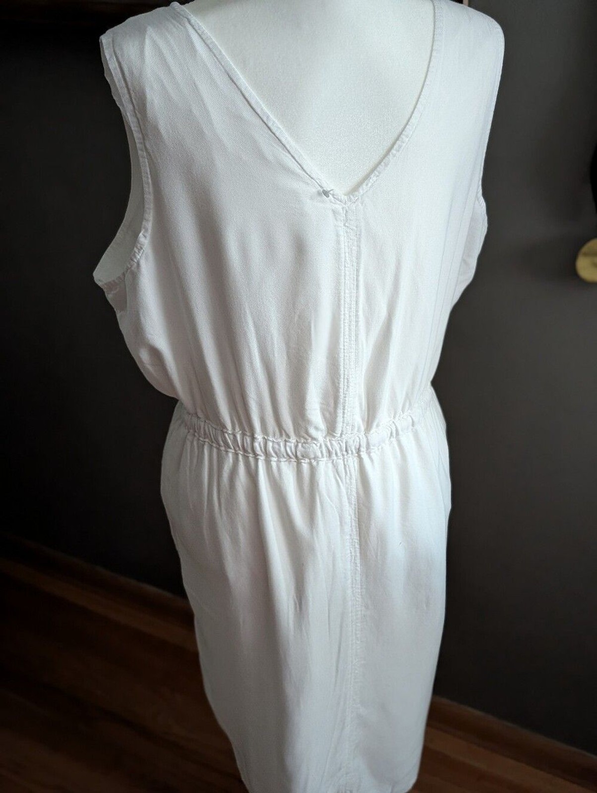 Womens XL White V-Neck Drawstring Beach Cover Up Resortwear Summer Mini Dress
