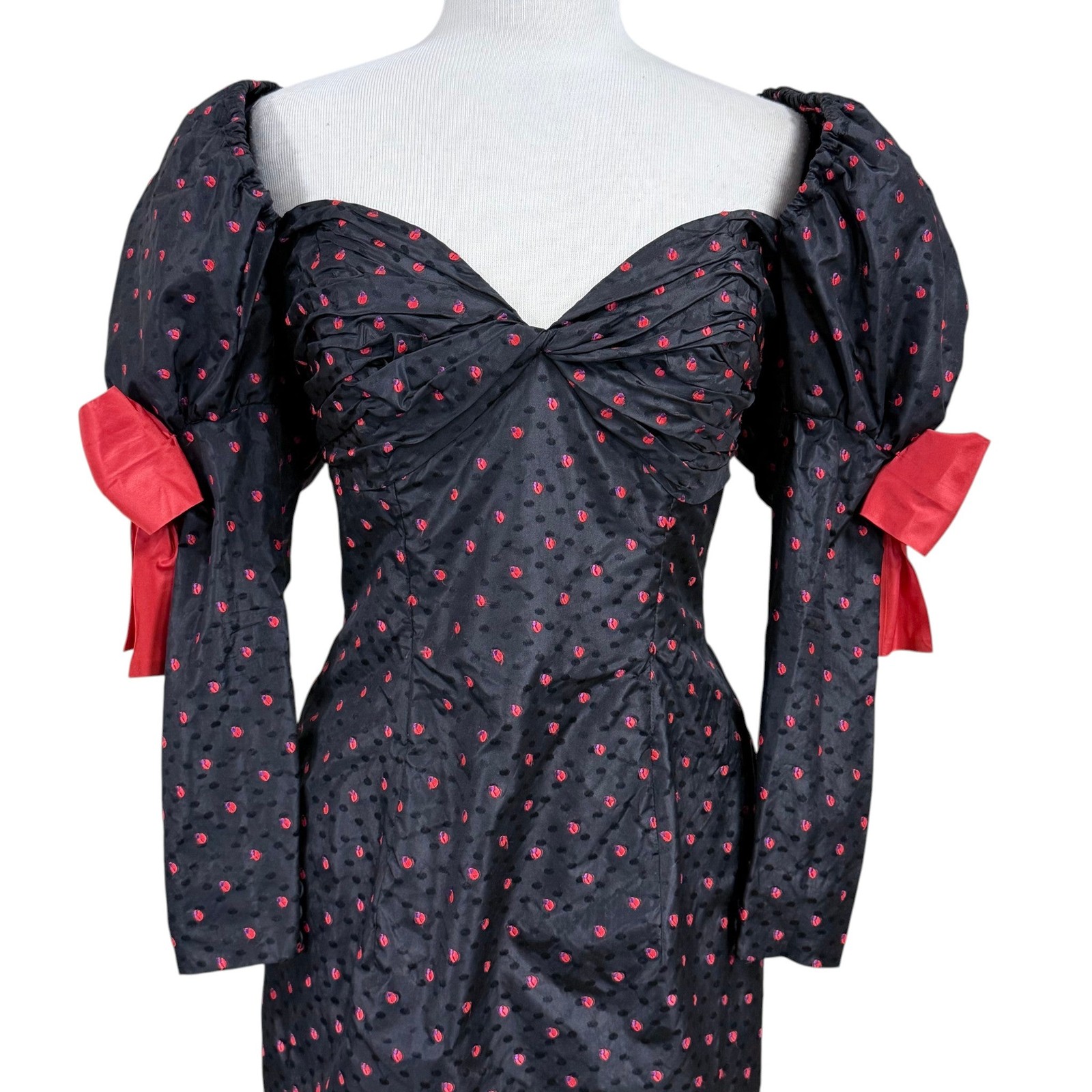 Vintage 80s Isabelle Allard Paris Puff Sleeve Silk Cocktail Dress Black Red Bow