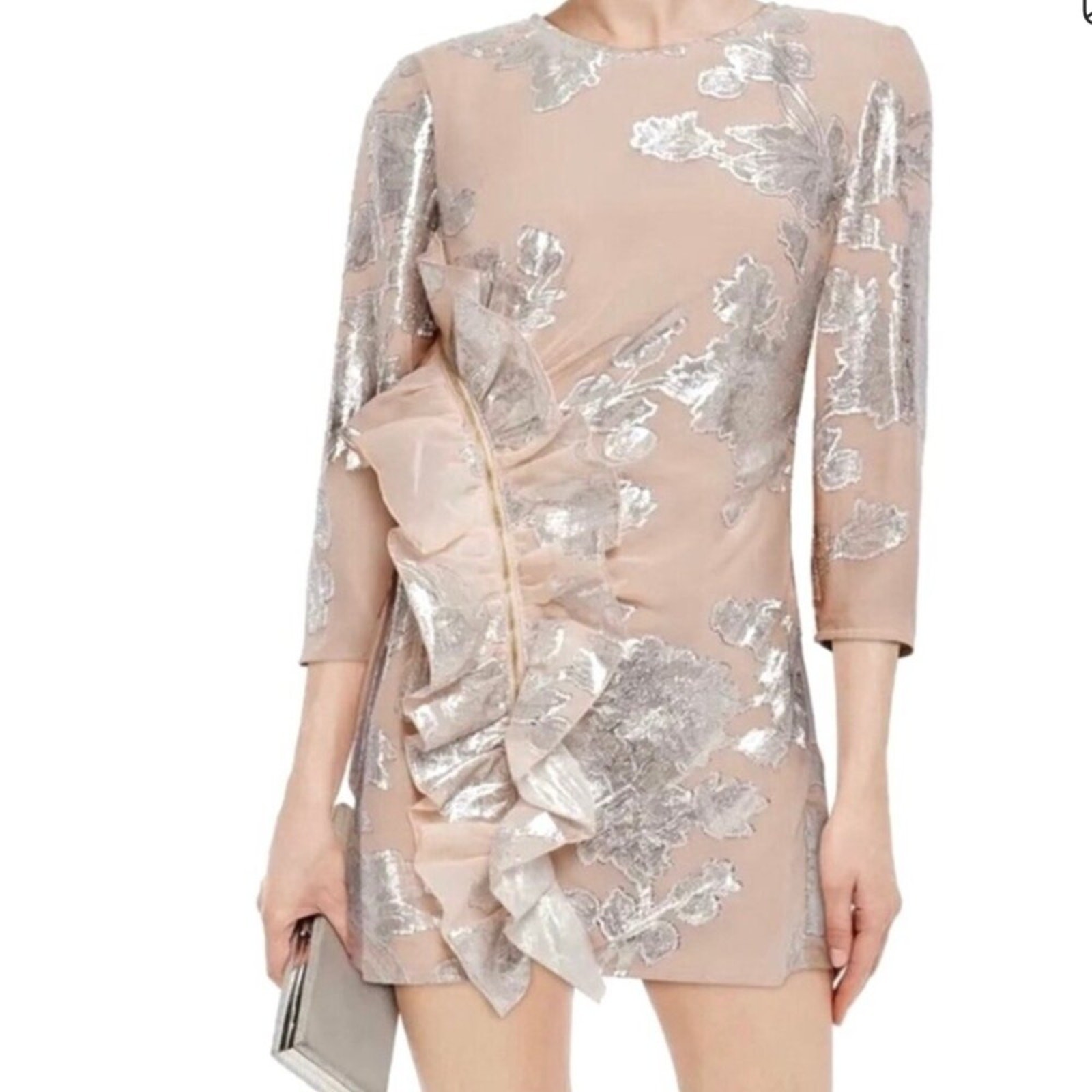 Self-Portrait Metallic Fil Coupe’ Ruffle Minidress in Blush Pink Sz 4 Sprng 2016