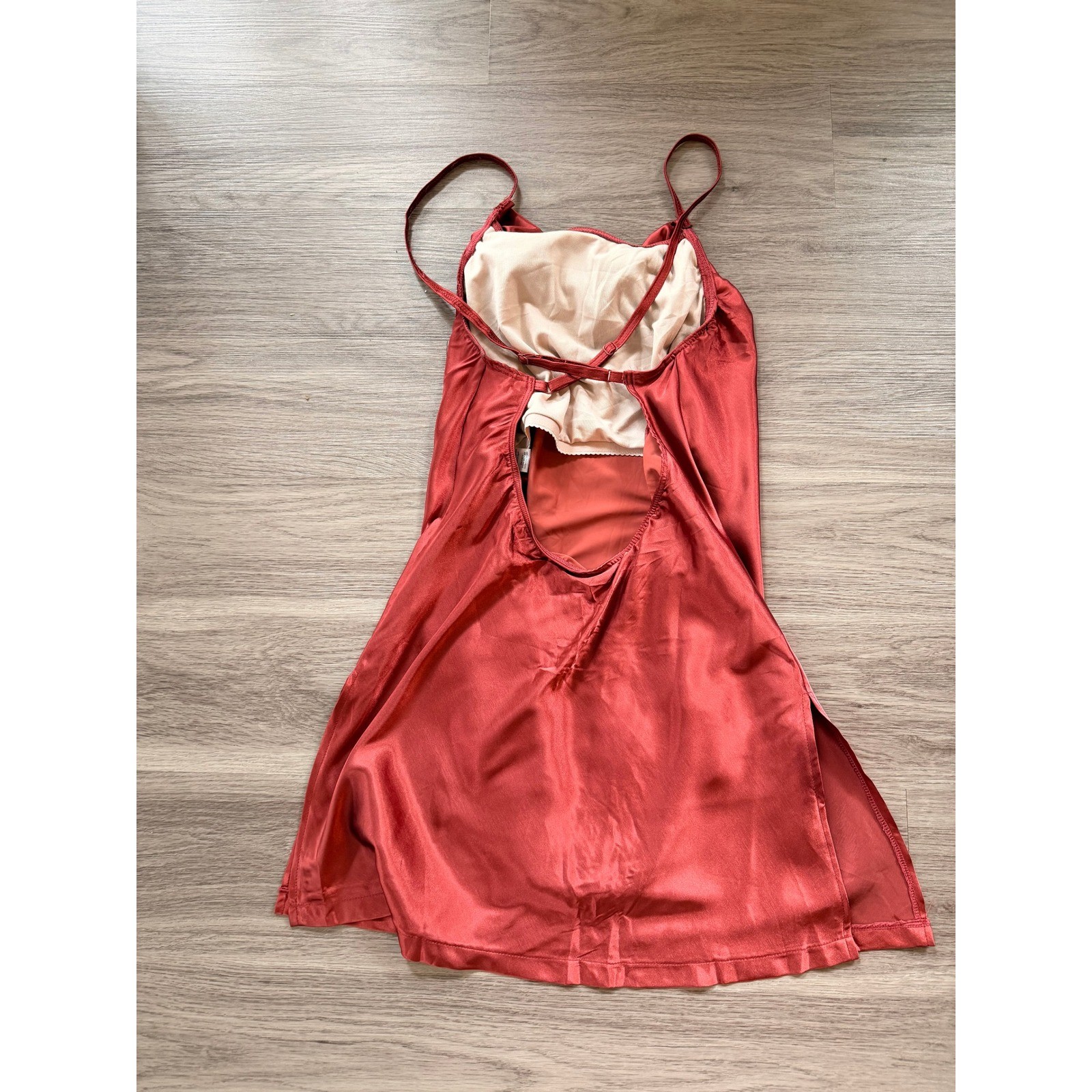 Rust Copper Satin Slip Mini Dress Built-in Bodysuit Side Slit Womens XS Y2K 90’s