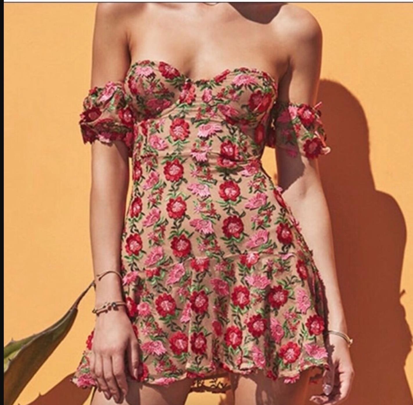 For Love & Lemons Dress Amelia Size XS Mini Off The Shoulder Short Sleeve Floral