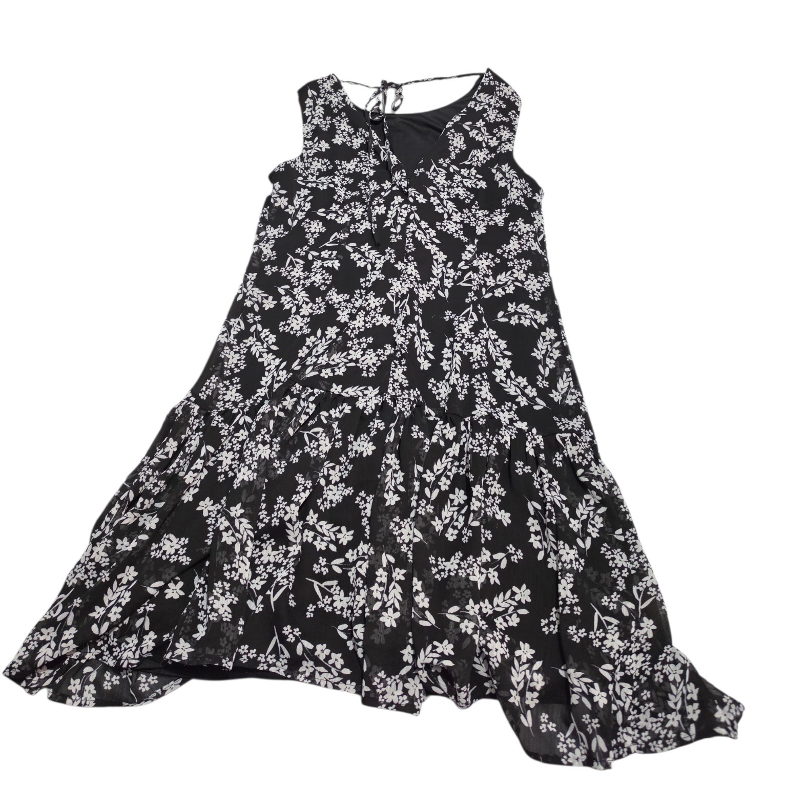 Calvin Klein Floral Ruffle Hem Sleeveless V Back Dress Black White Size 8