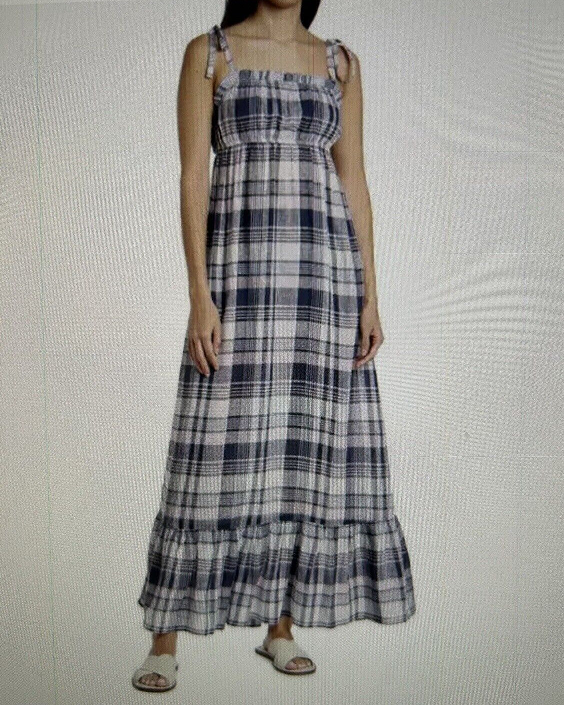 AQUA Navy Pink Plaid Tiered Hem Shoulder Tie Summer Maxi Dress Size=Various