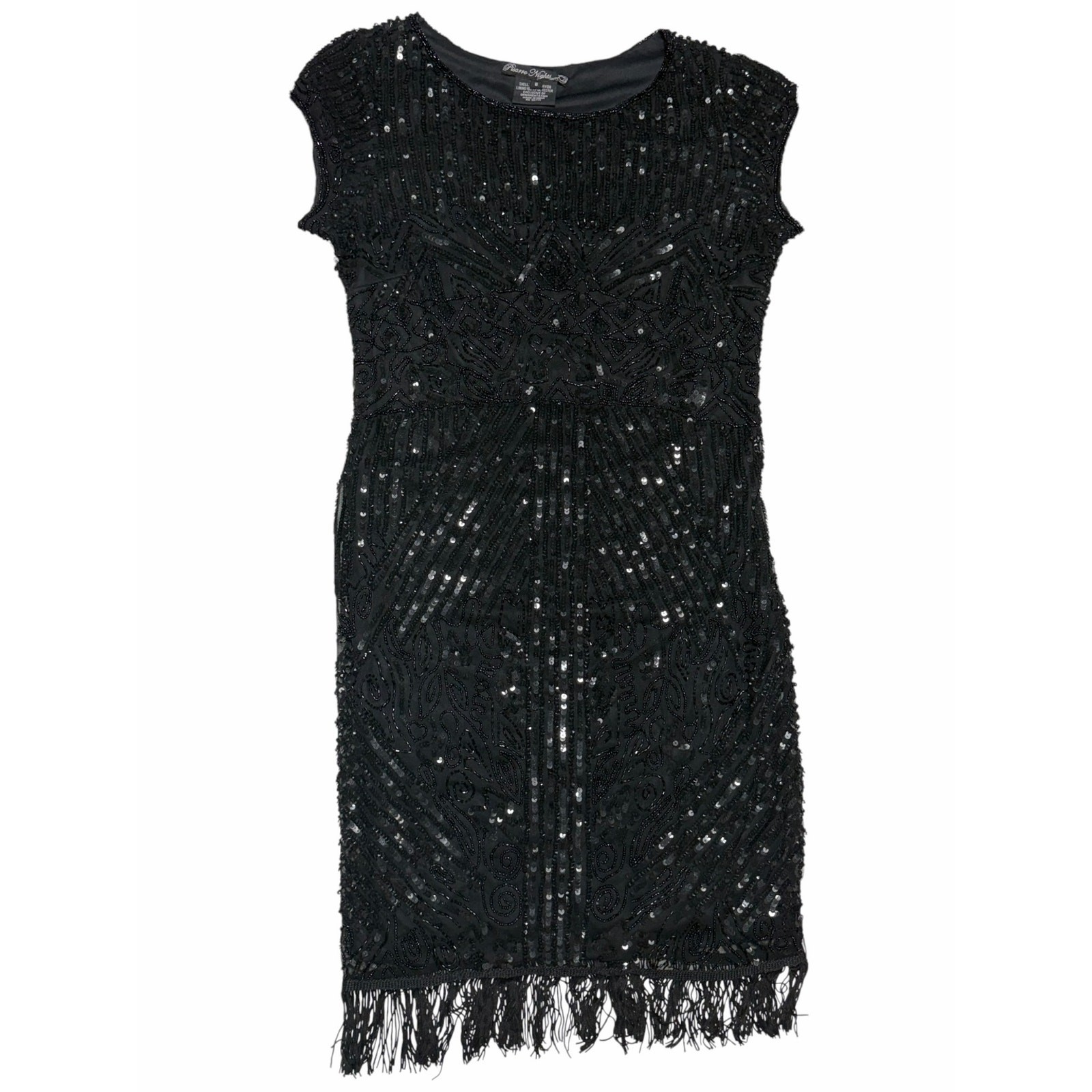 Pisarro Nights Black Beaded Sequin Fringe Cocktail Dress Art Deco Gatsby Flapper