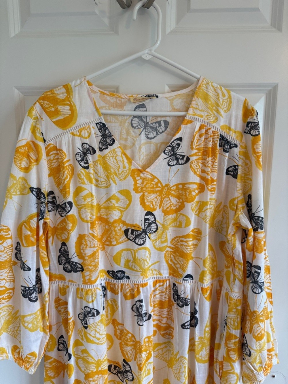 Sweet Magnolia Yellow & White Butterfly Print Tiered Midi Boho Dress Large