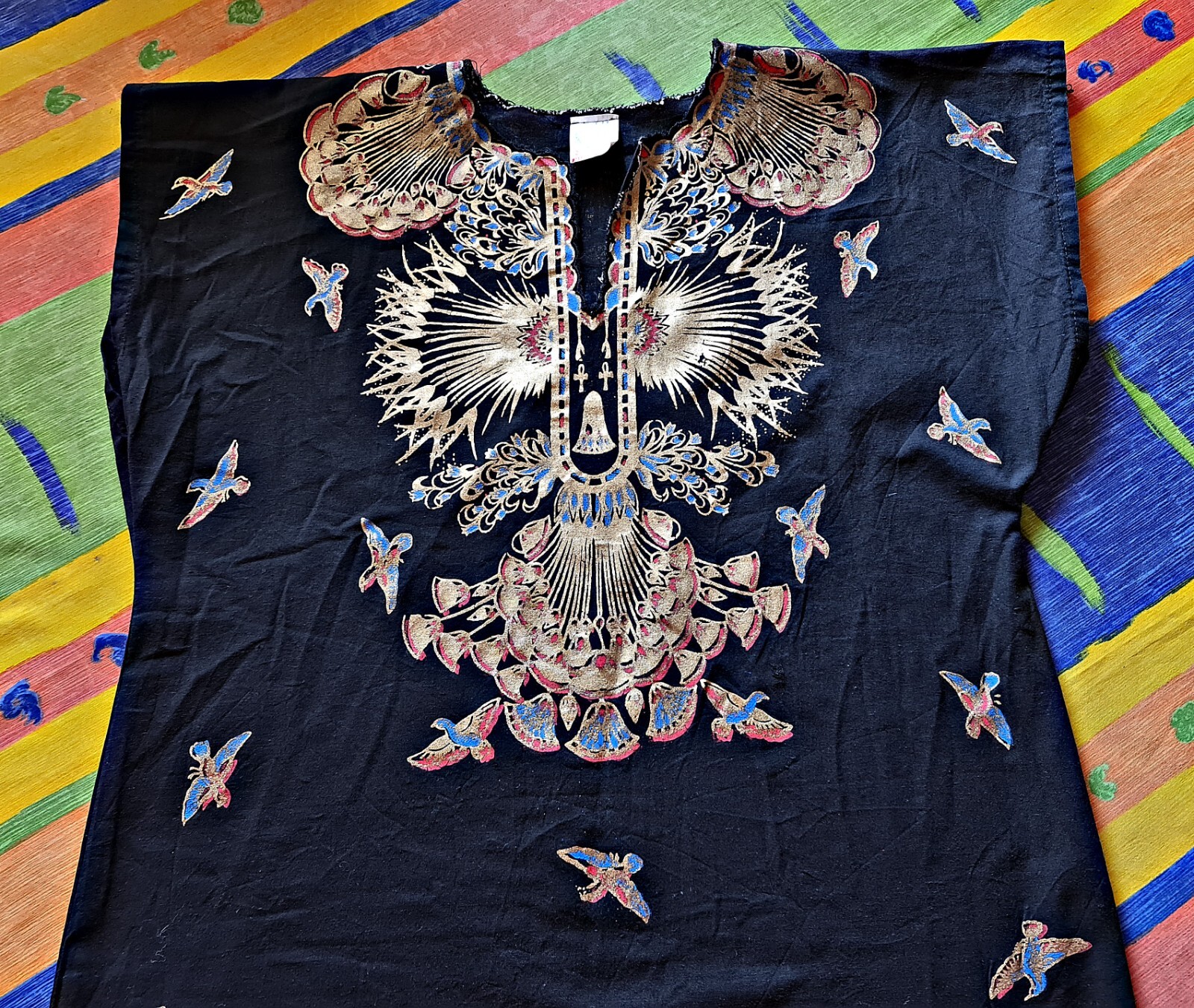 DRESS VINTAGE AUTHENTIC EGYPT LOTUS ANKH CROSS KEY OF LIFE ART DECO WOMENS 8 36