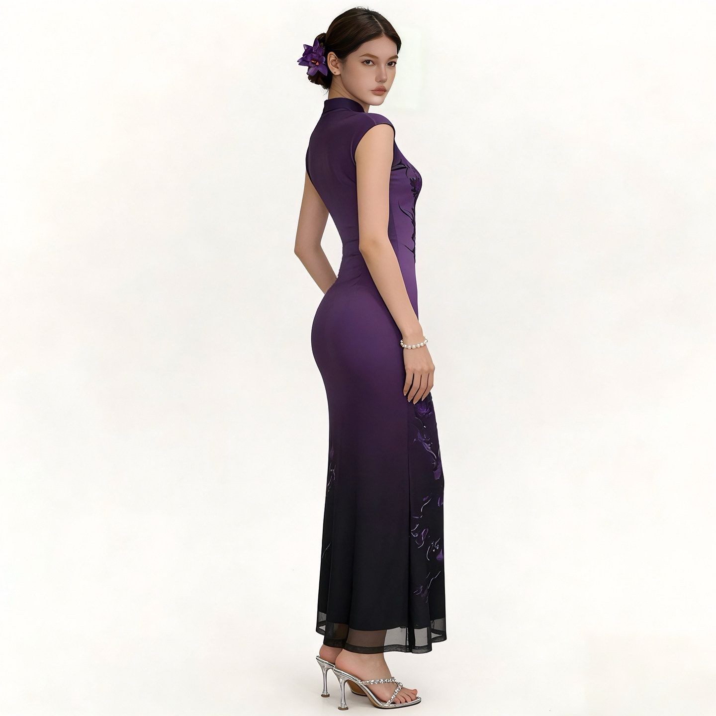 Women Floral Gradient Mesh Dress Beach Maxi Qipao Sleeveless Cheongsam Slim Fit