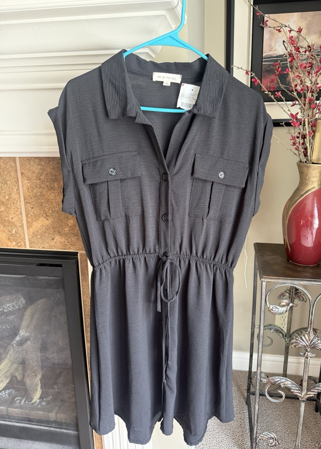 Pie In The Sky Black Shirt Dress M Collared Button Front Cap Sleeve Drawstring