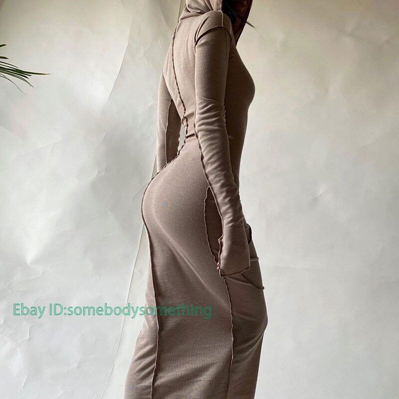 Long Sleeve Hooded Patchwork Skinny Maxi Dress Autumn Winter Women Fashion