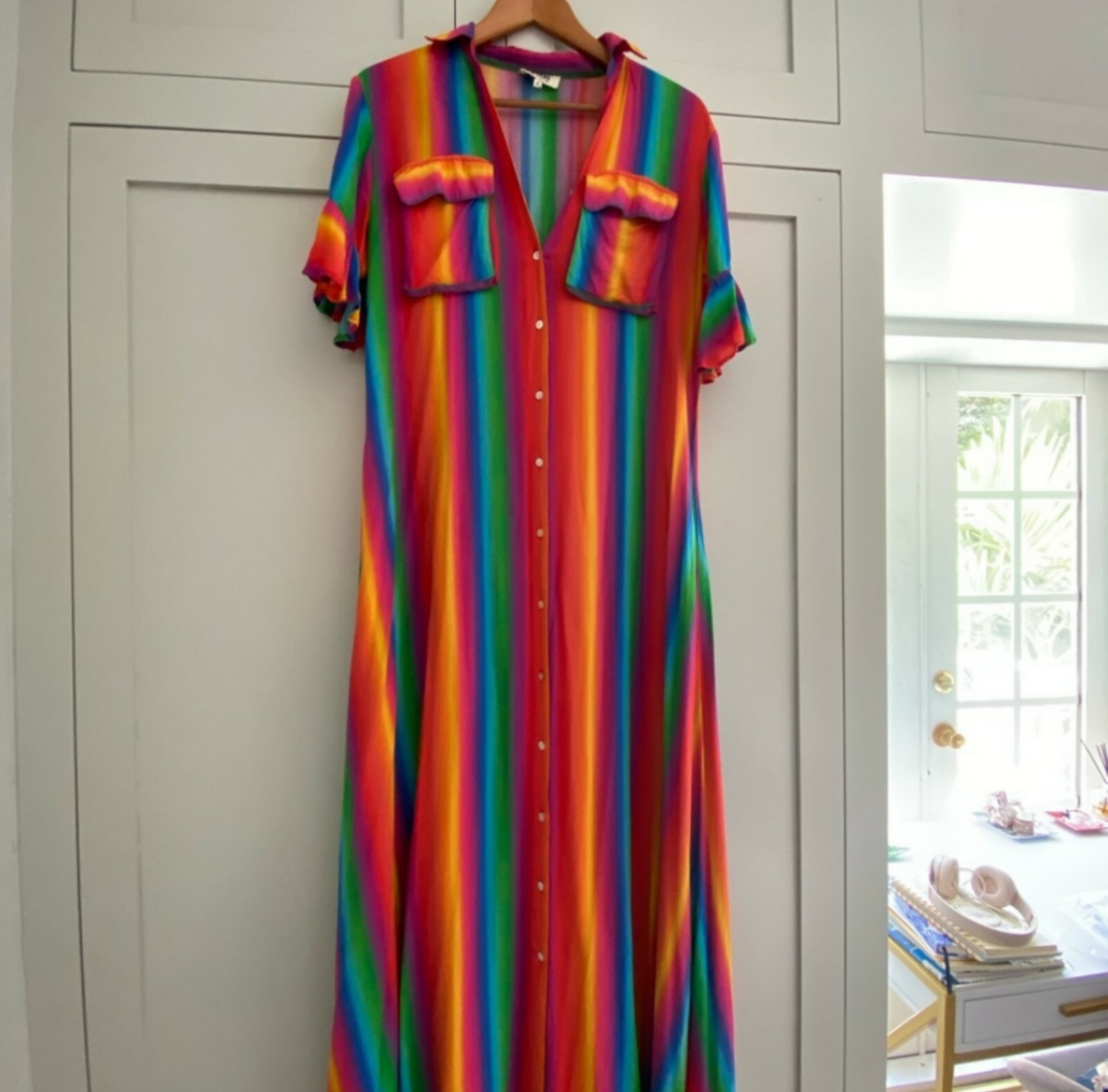 All Things Mochi Rainbow Stripe Leilani Maxi Button Up Shirt Dress XS *no belt*